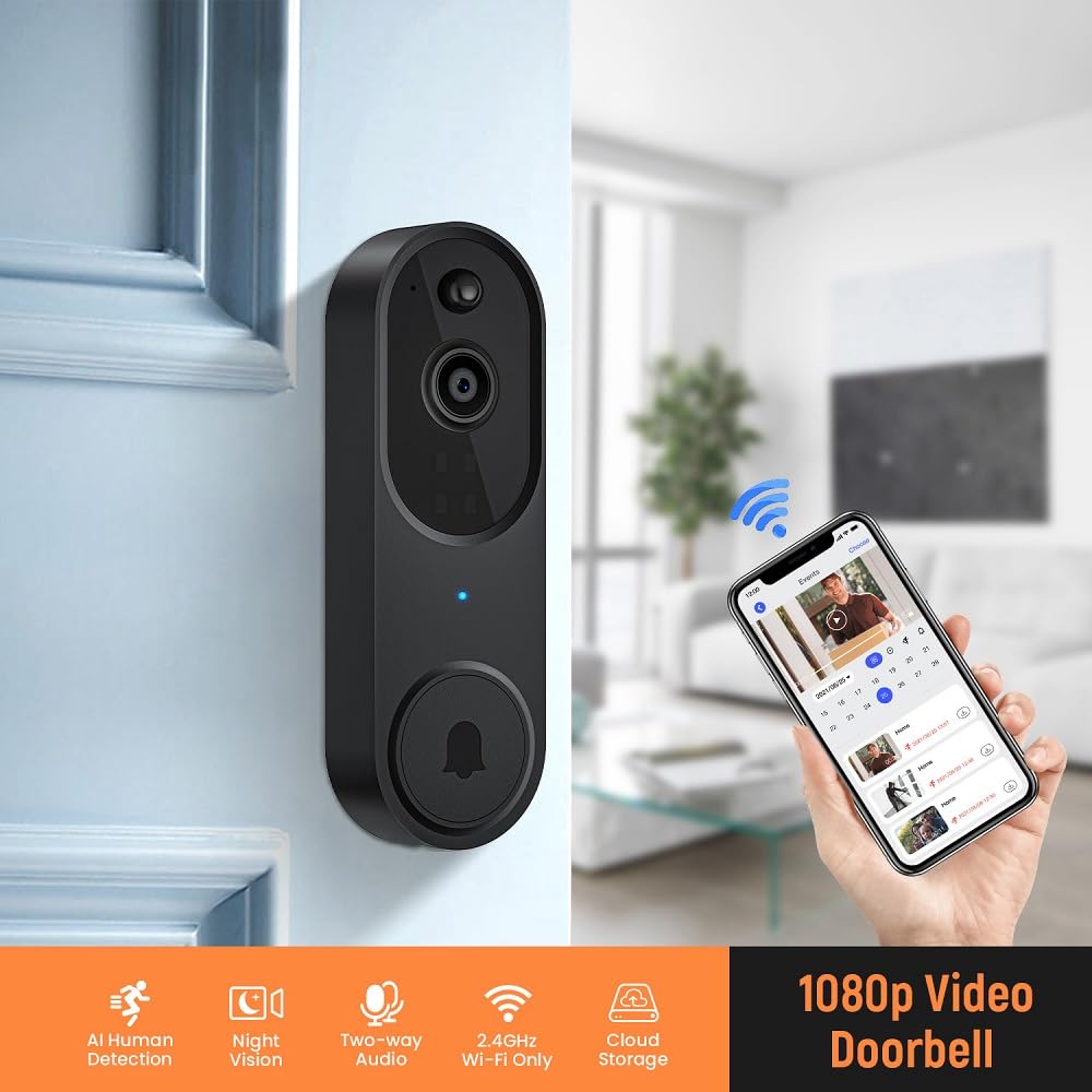 Wifi Wireless Smart Video Doorbell, Black