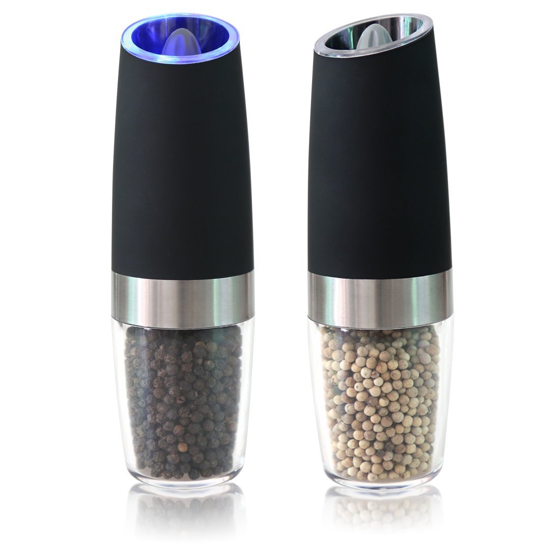 Battery Powered Gravity Electric Pepper Grinder with LED Light 2 Units, Black