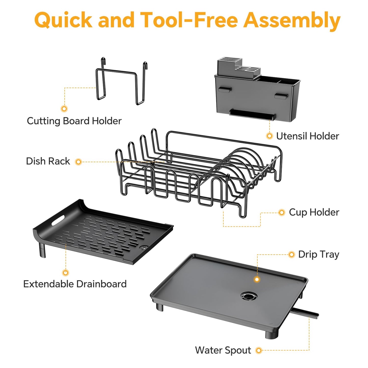 Extendable Dish Drying Rack with Cup Holders, Black