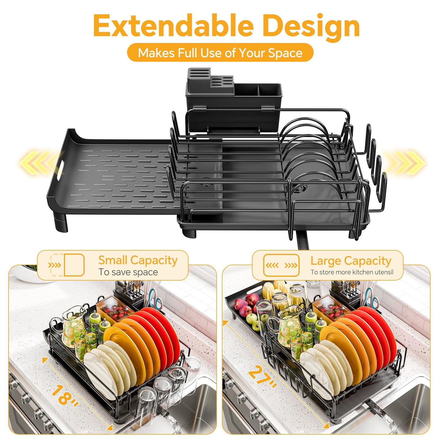 Extendable Dish Drying Rack with Cup Holders, Black