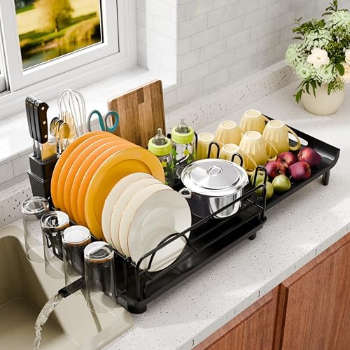 Extendable Dish Drying Rack with Cup Holders, Black