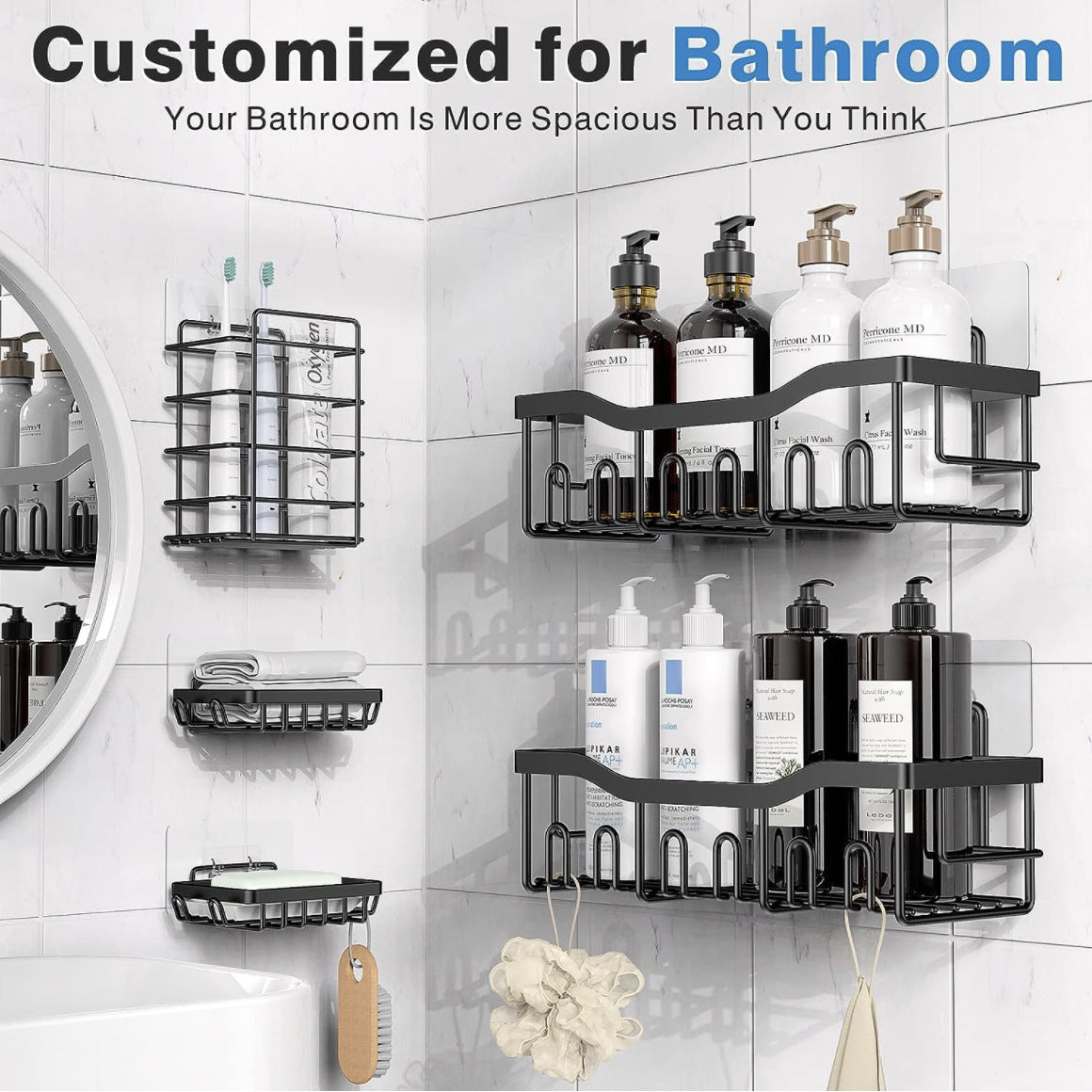 Large Capacity Bathroom Organizers Set, Black