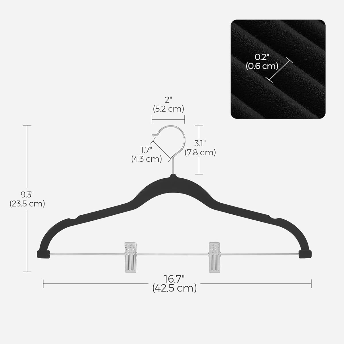 Velvet Closet Clothes Hangers with Adjustable Clips 10 Units 16 Inch, Black