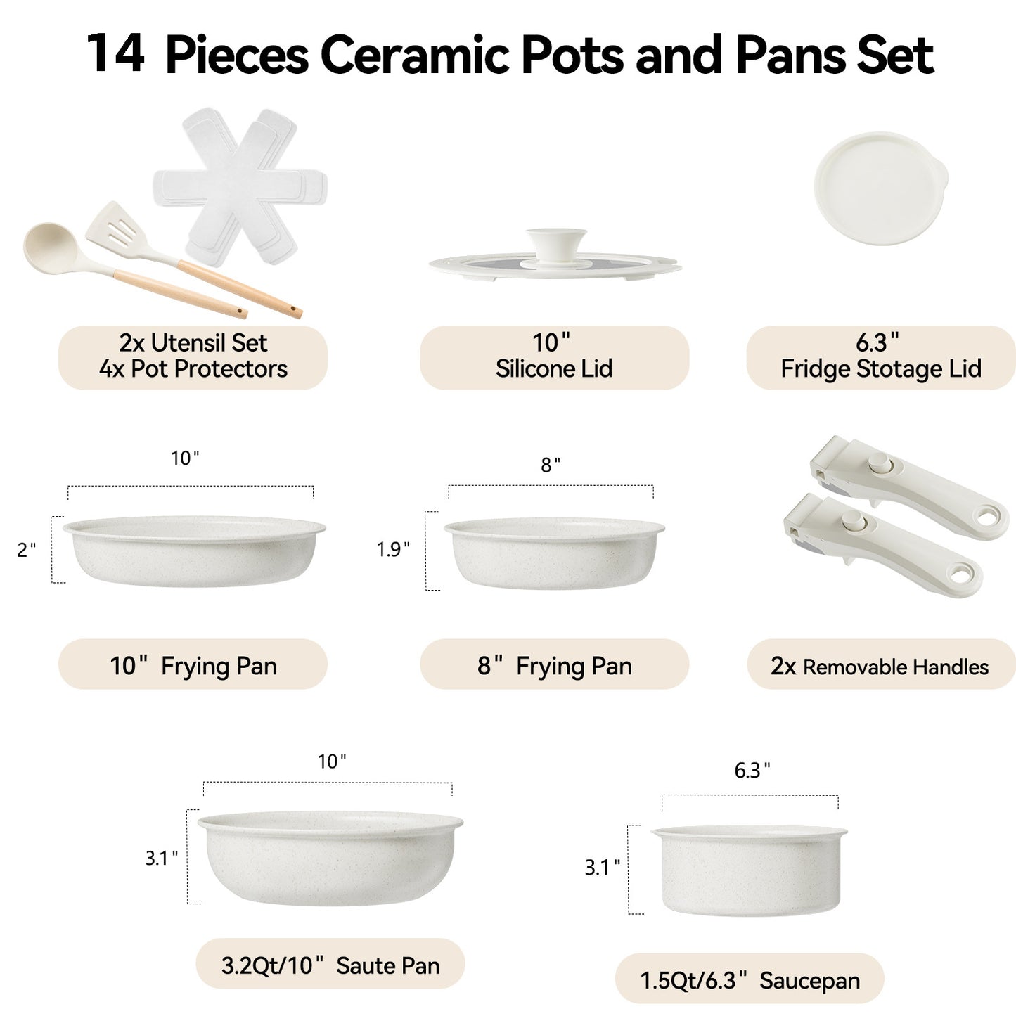 Ceramic Nonstick Cookware Set with Detachable Handle 14-Piece/18-Piece