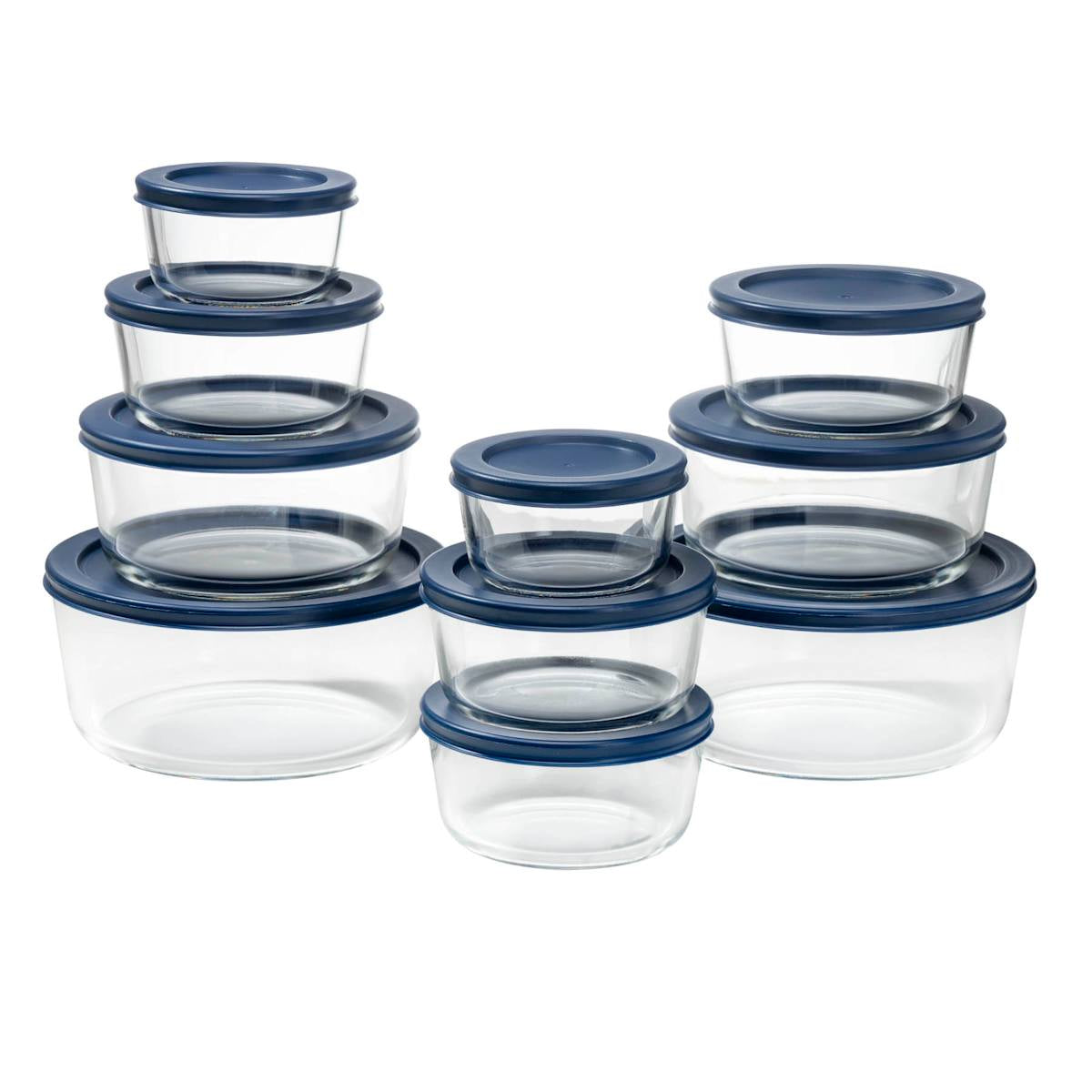 10 Round Glass Food Storage Set with Plastic Lids,Blue