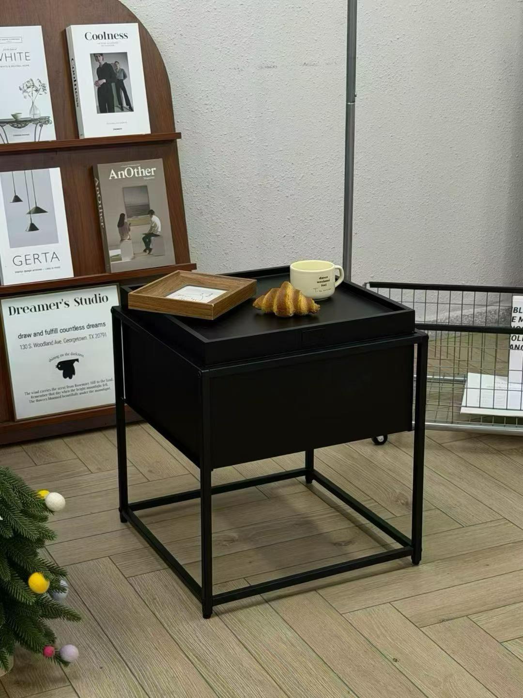 Metal Frame Side Table With Hidden Storage Minimal Look, Black