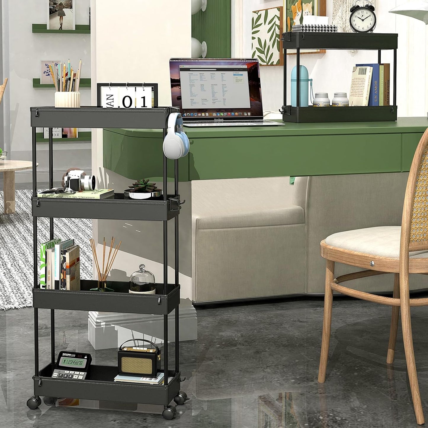 Slim Storage Cart 4 Tier, Mobile Shelving Unit Slide Out Storage Cart for Office, Bathroom, Kitchen, Laundry Room & Narrow Places,Black - Weshop876