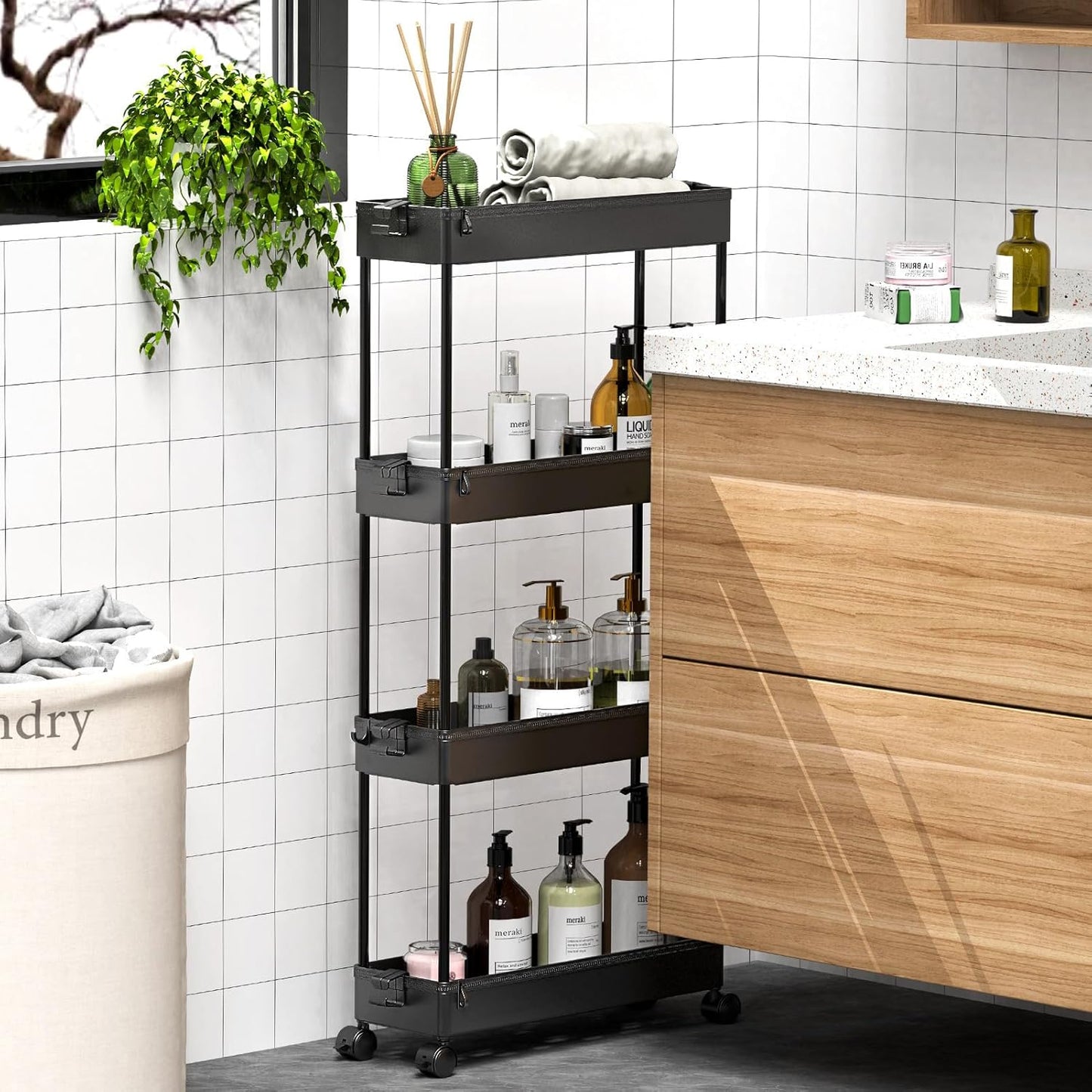 Slim Storage Cart 4 Tier, Mobile Shelving Unit Slide Out Storage Cart for Office, Bathroom, Kitchen, Laundry Room & Narrow Places,Black - Weshop876