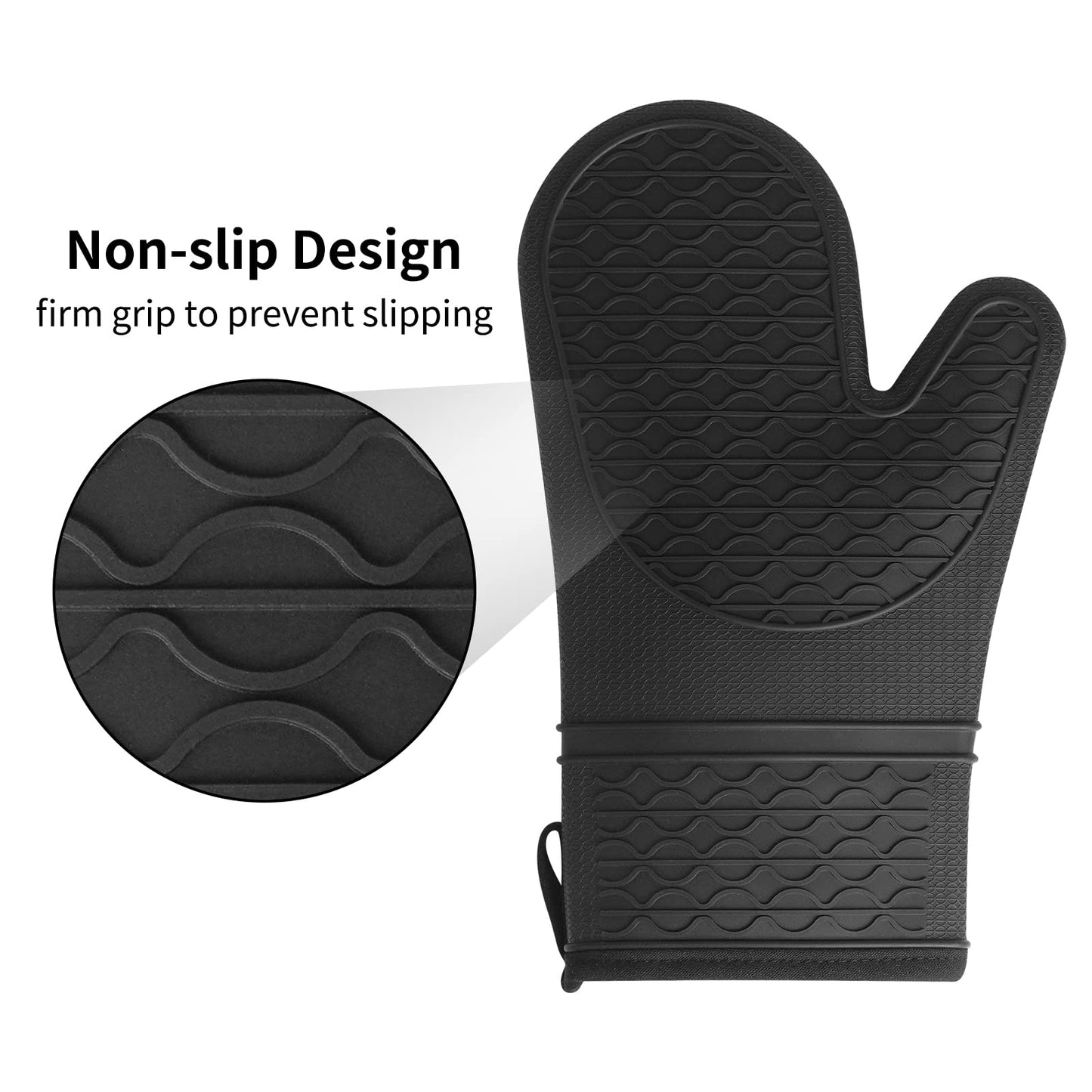 2PCS Black Oven Mittens Heat Resistant 600 Degree, Soft Lining Silicone Oven Mits for Cooking Baking Kitchen Mitten - Weshop876