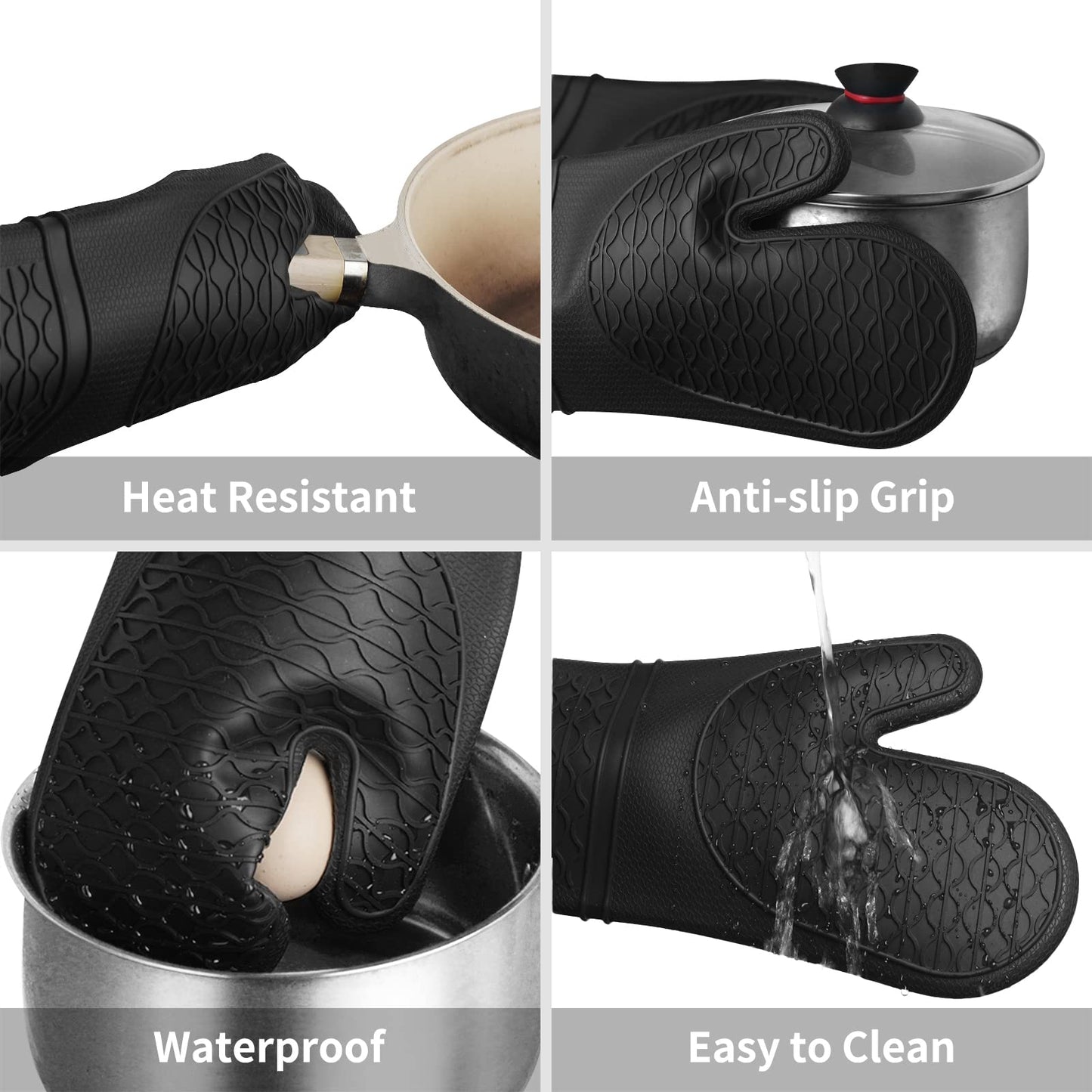 2PCS Black Oven Mittens Heat Resistant 600 Degree, Soft Lining Silicone Oven Mits for Cooking Baking Kitchen Mitten - Weshop876