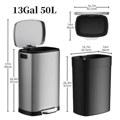 Stainless Steel Trash Can 50L / 13 Gallon, Silver