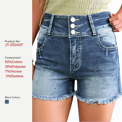 Women's Button Distressed Hem Denim Shorts High Waist, Light Blue