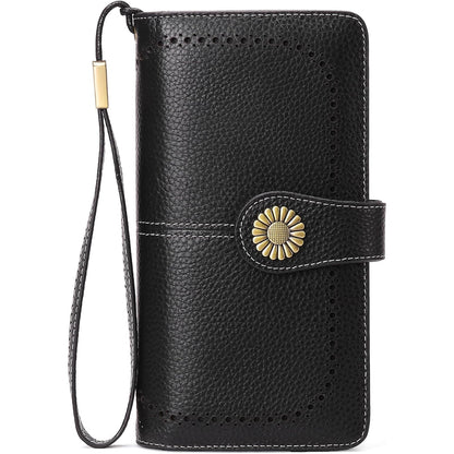 Leather Credit Card Holder with RFID Blocking Large Capacity Wristlet, Black