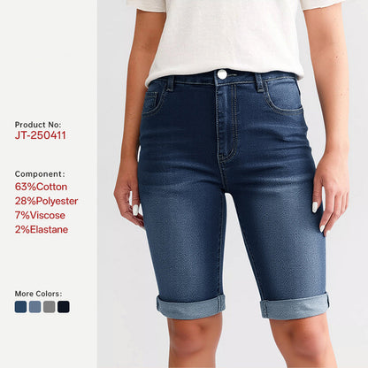 Womens Mid Rise Roll Cuff Stretch Denim Jean Shorts, Dark Blue