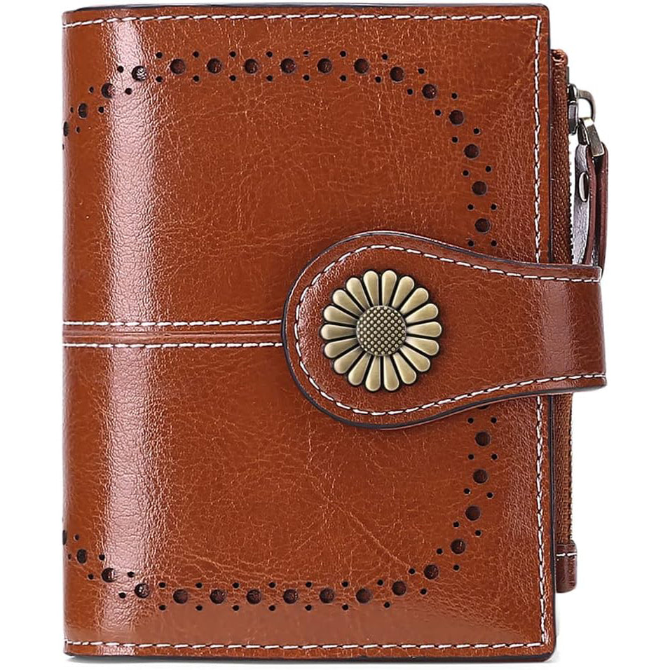 Small Womens Wallet Leather Bifold Card Holder RFID Blocking, Brown
