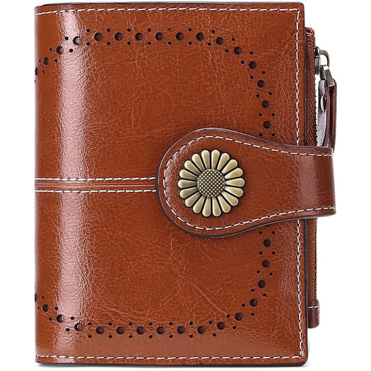 Small Womens Wallet Leather Bifold Card Holder RFID Blocking, Brown