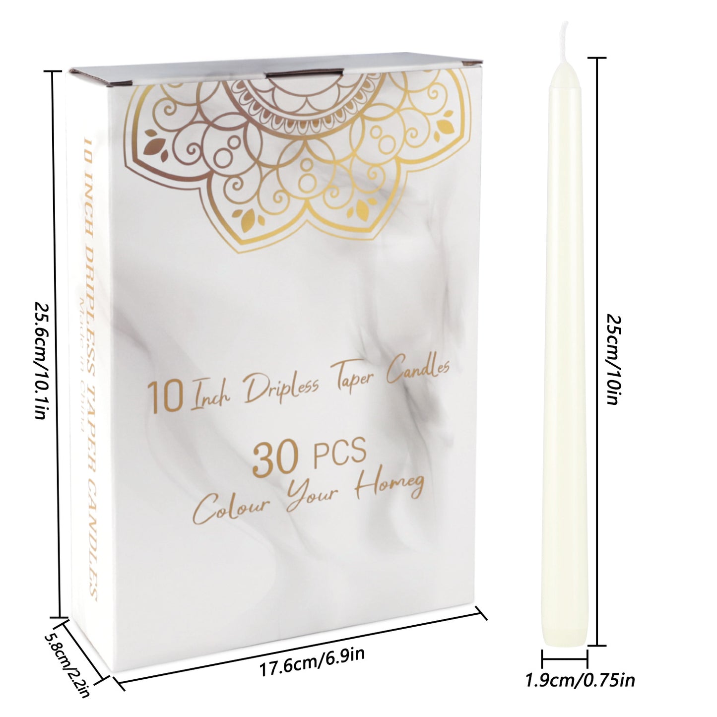 Ivory Taper Candles 10 inch(H) Dripless 30 Units