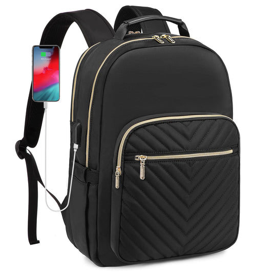 Laptop Backpack Purse for Women with USB Charging Port 17 Inch, Black