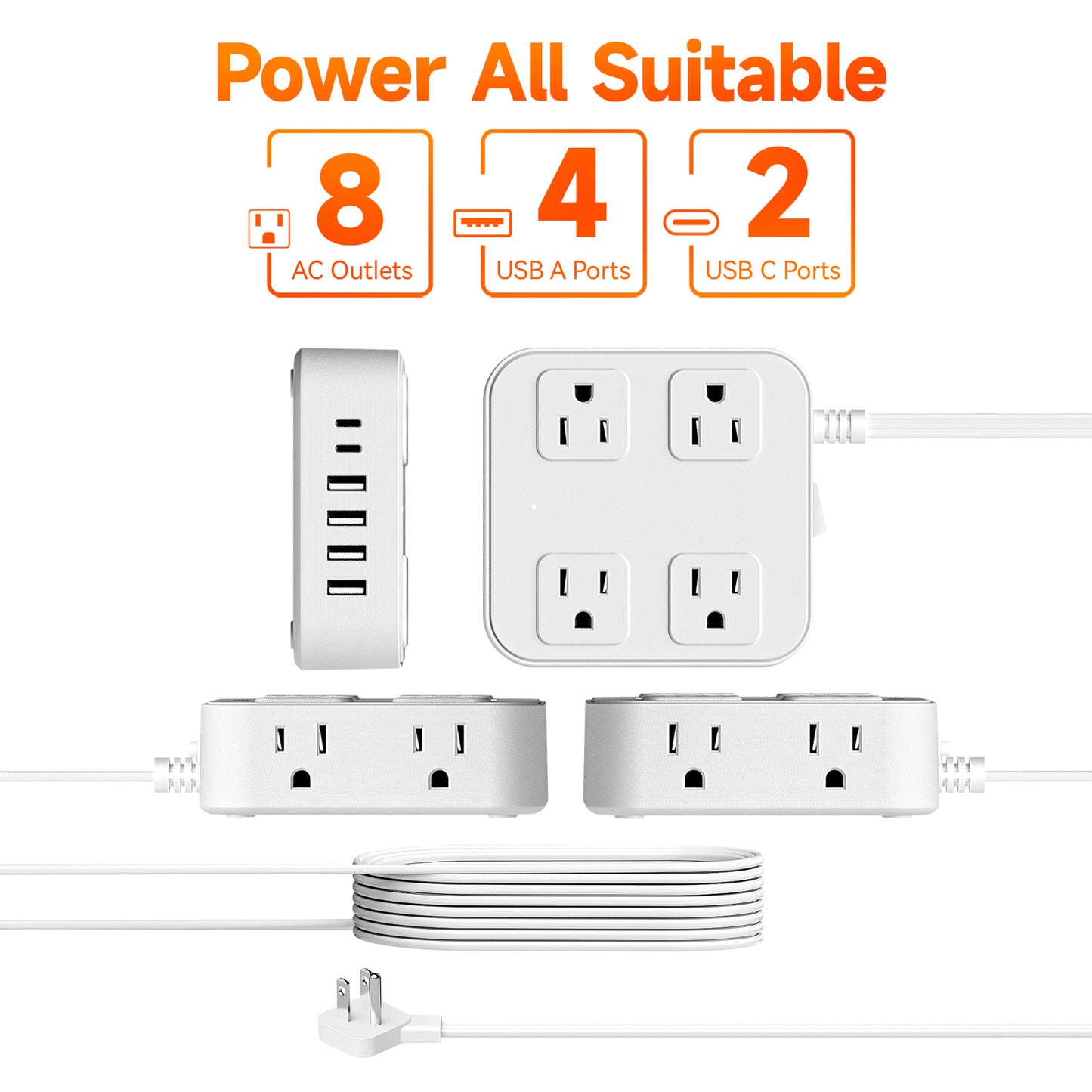 14 in 1, 5ft Power Strip Surge Protector with 8 AC Outlets 6 USB Ports, White