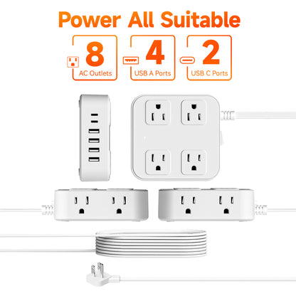 14 in 1, 5ft Power Strip Surge Protector with 8 AC Outlets 6 USB Ports, White