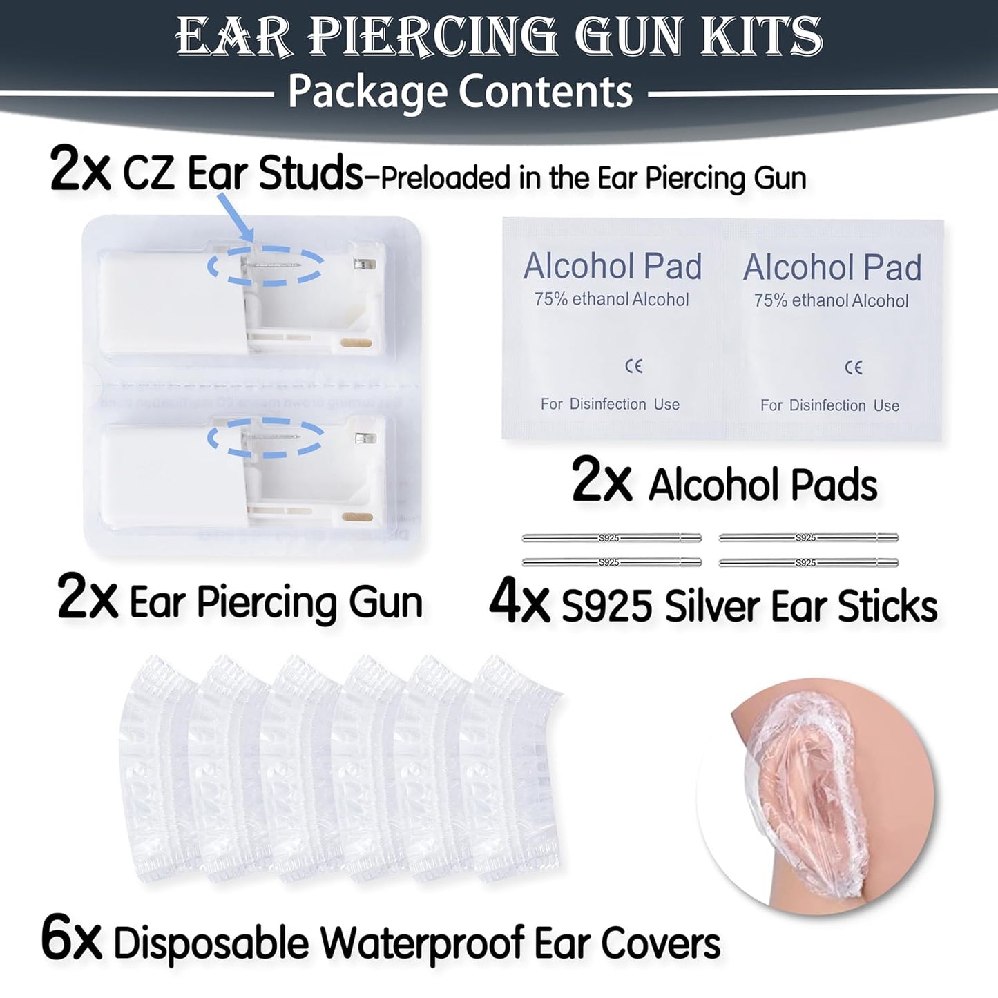 2 Pcs Disposable Ear Piercing Gun with Preloaded Ear Stud
