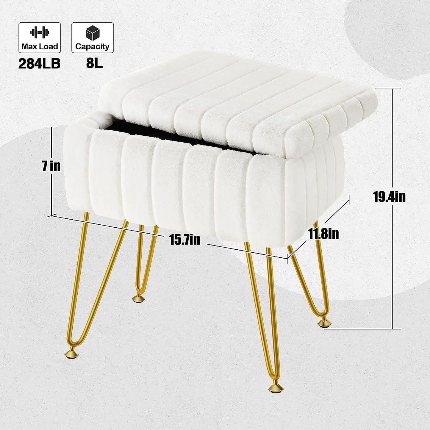 Vanity Stool Chair Faux Fur with Storage, White