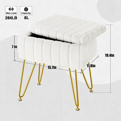 Vanity Stool Chair Faux Fur with Storage, White