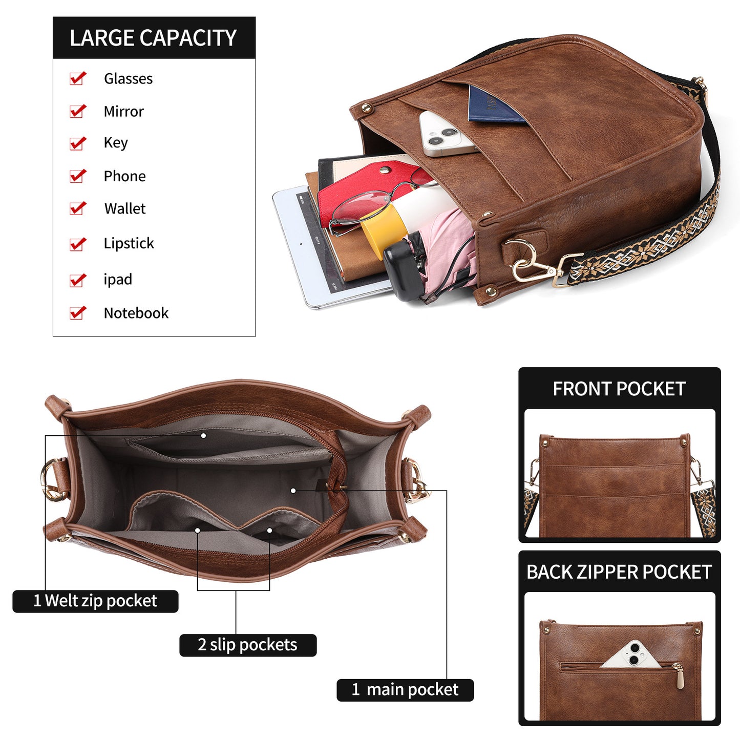 PU Crossbody Bags for Women Trendy Vegan Leather Hobo Handbags, Brown