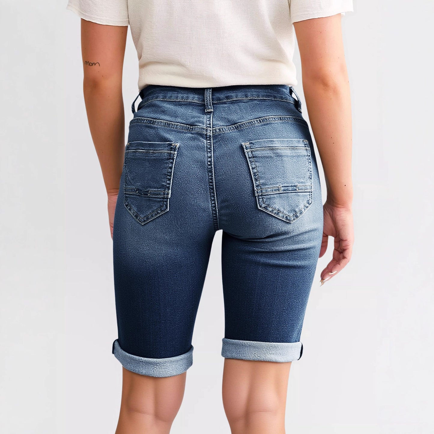 Womens Mid Rise Roll Cuff Stretch Denim Jean Shorts, Dark Blue