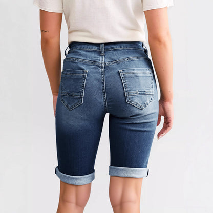 Womens Mid Rise Roll Cuff Stretch Denim Jean Shorts, Dark Blue
