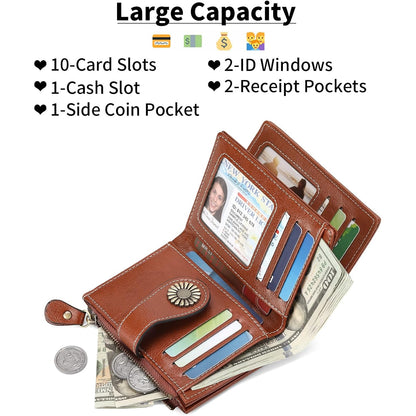 Small Womens Wallet Leather Bifold Card Holder RFID Blocking, Brown