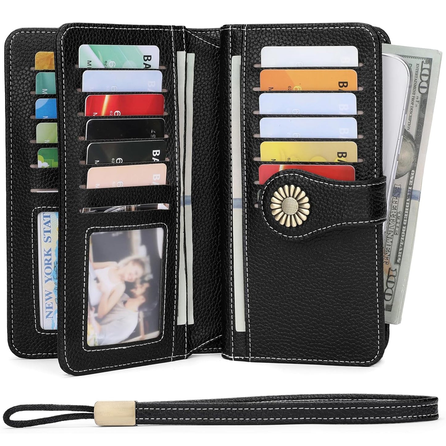 Leather Credit Card Holder with RFID Blocking Large Capacity Wristlet, Black