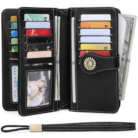 Leather Credit Card Holder with RFID Blocking Large Capacity Wristlet, Black