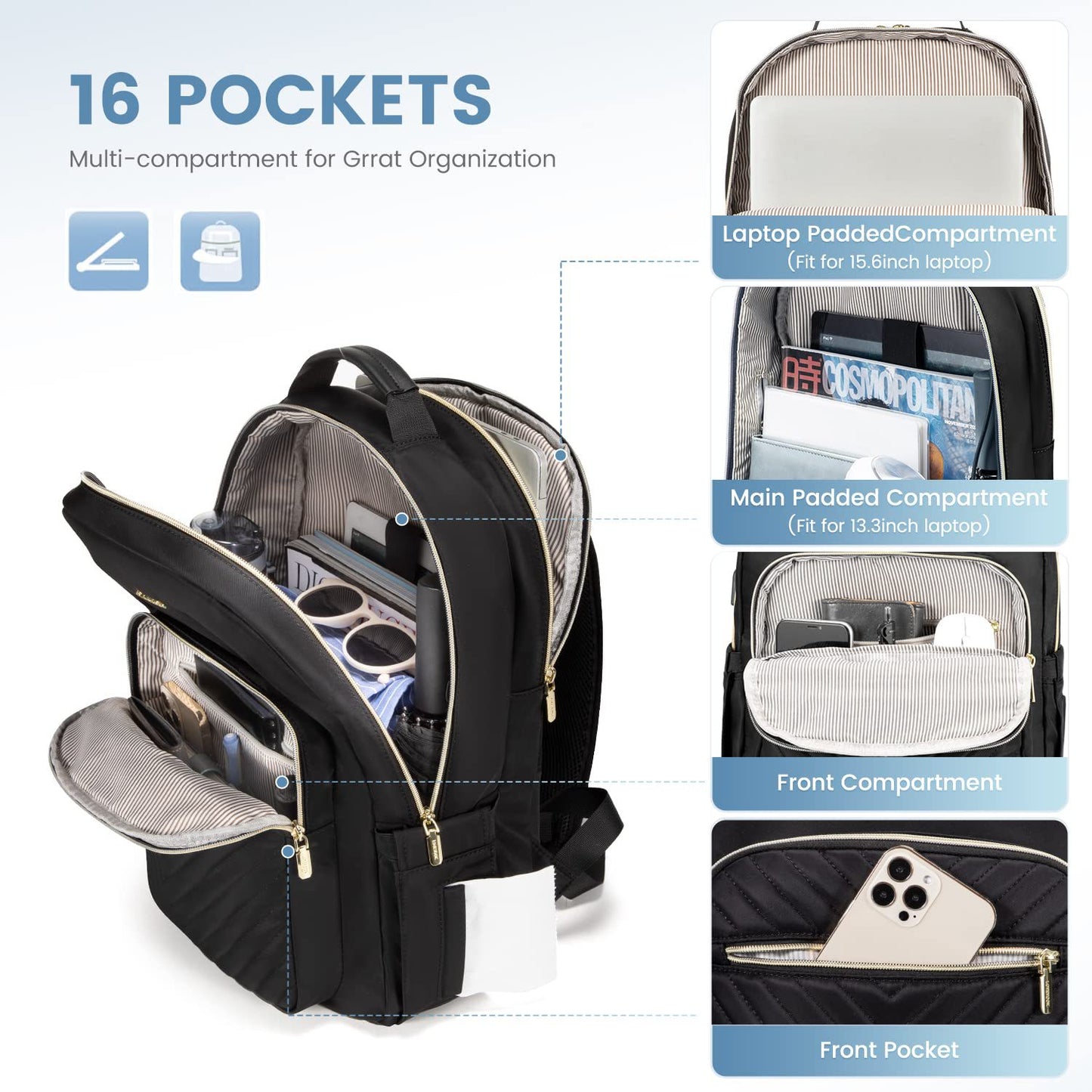 Laptop Backpack Purse for Women with USB Charging Port 17 Inch, Black