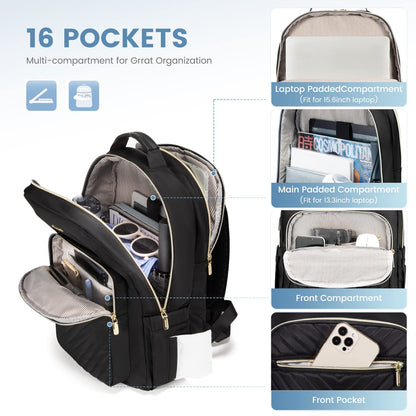 Laptop Backpack Purse for Women with USB Charging Port 17 Inch, Black