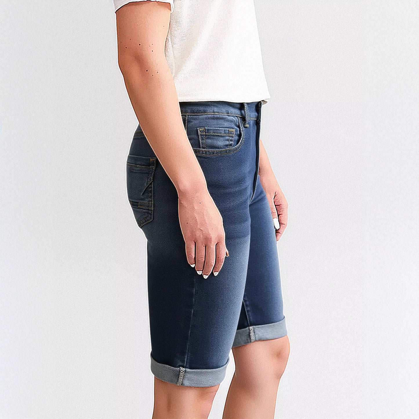 Womens Mid Rise Roll Cuff Stretch Denim Jean Shorts, Dark Blue