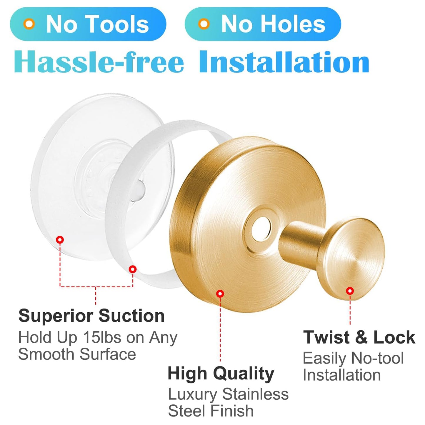 4 Pack Stainless Steel Suction Cup Hooks