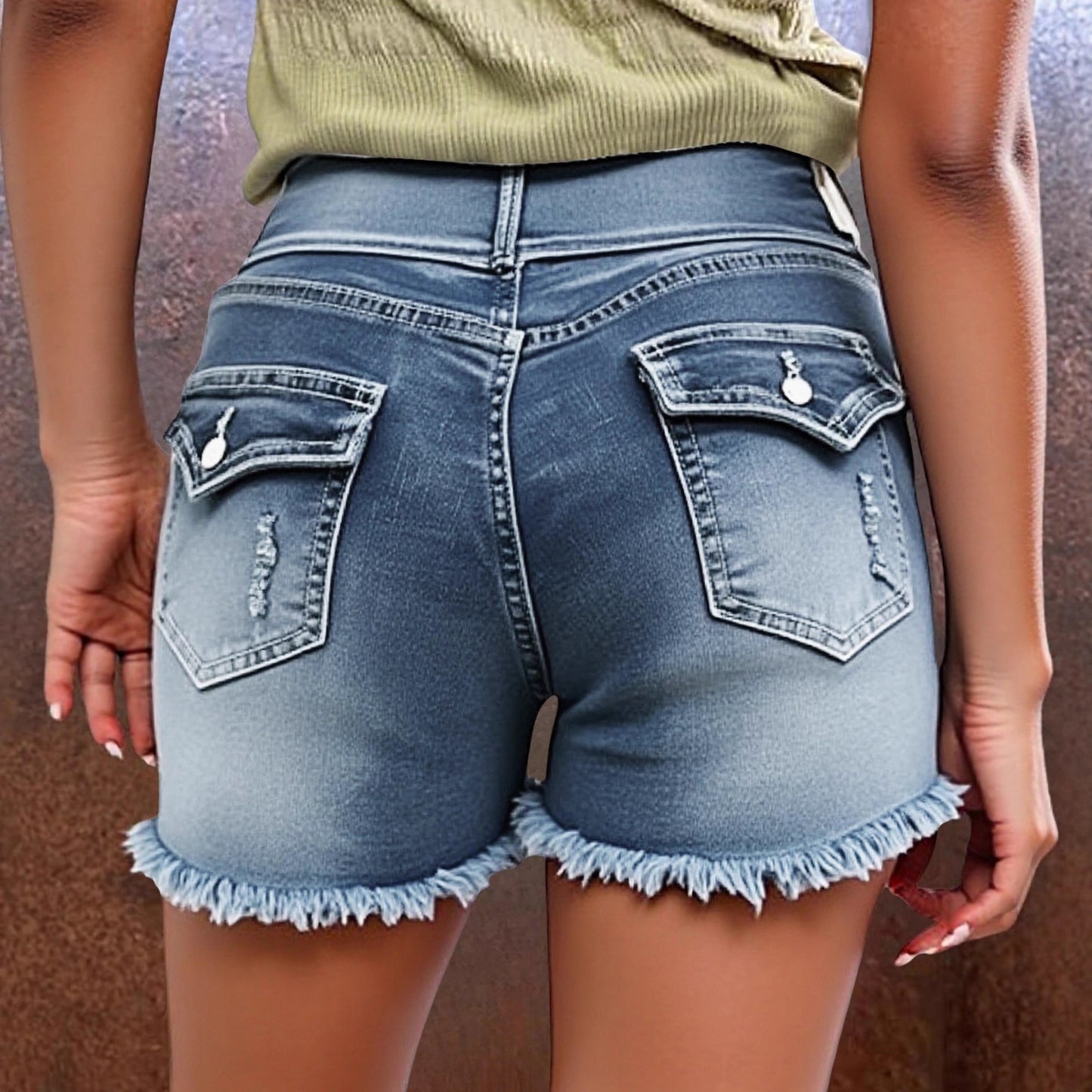 Women's Button Distressed Hem Denim Shorts High Waist, Light Blue