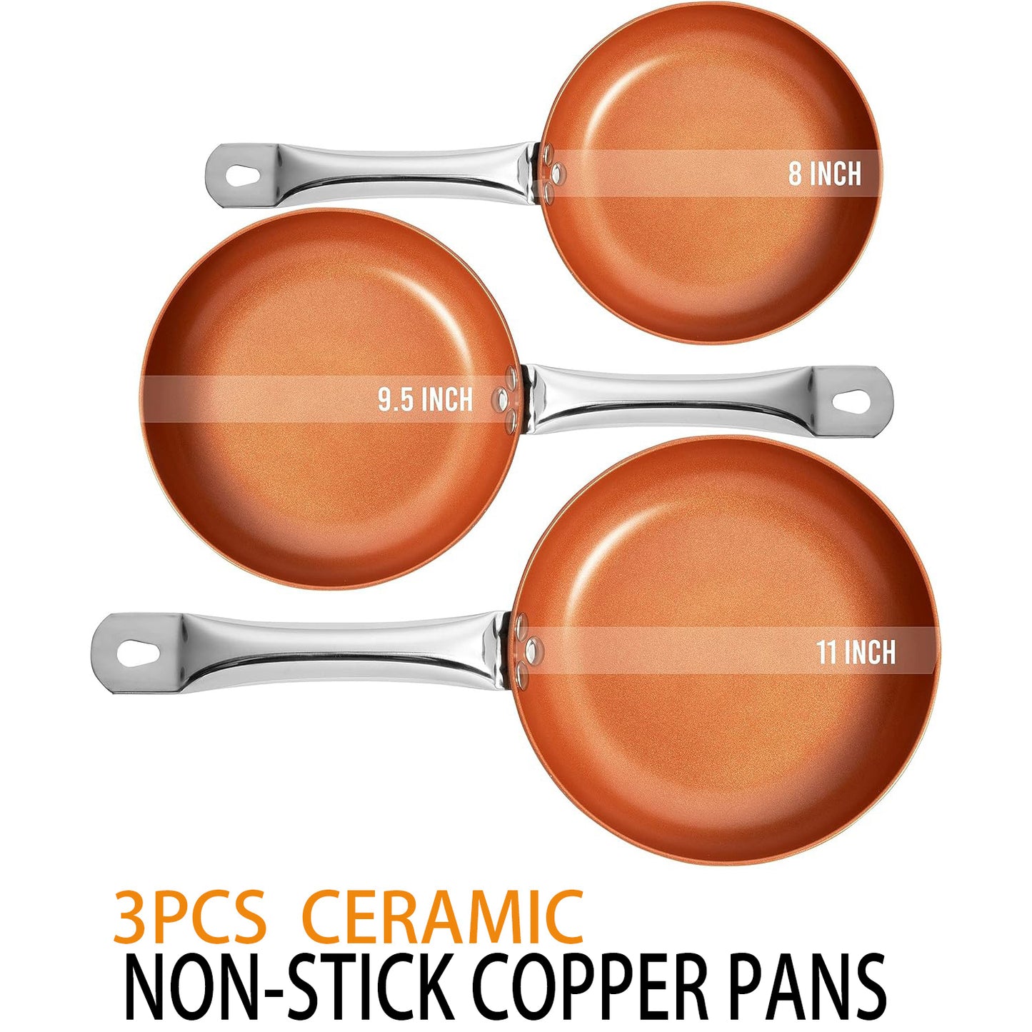 3-piece Nonstick Copper Red Cookware skillets set, 8-9.5-11 inch