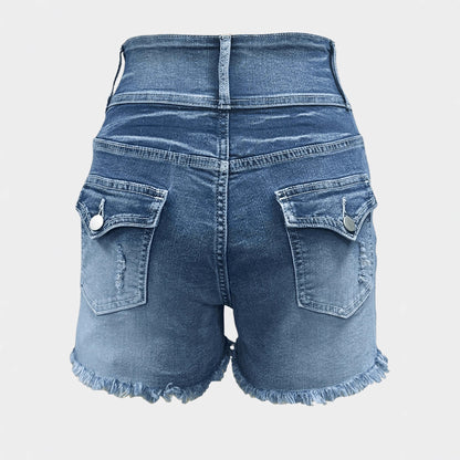 Women's Button Distressed Hem Denim Shorts High Waist, Light Blue