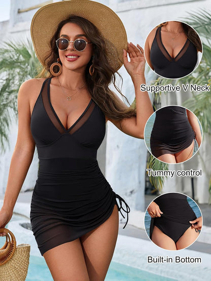 Women One Piece Swim Dress, Black