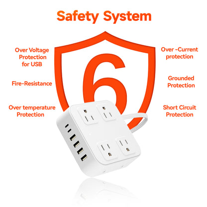 14 in 1, 5ft Power Strip Surge Protector with 8 AC Outlets 6 USB Ports, White