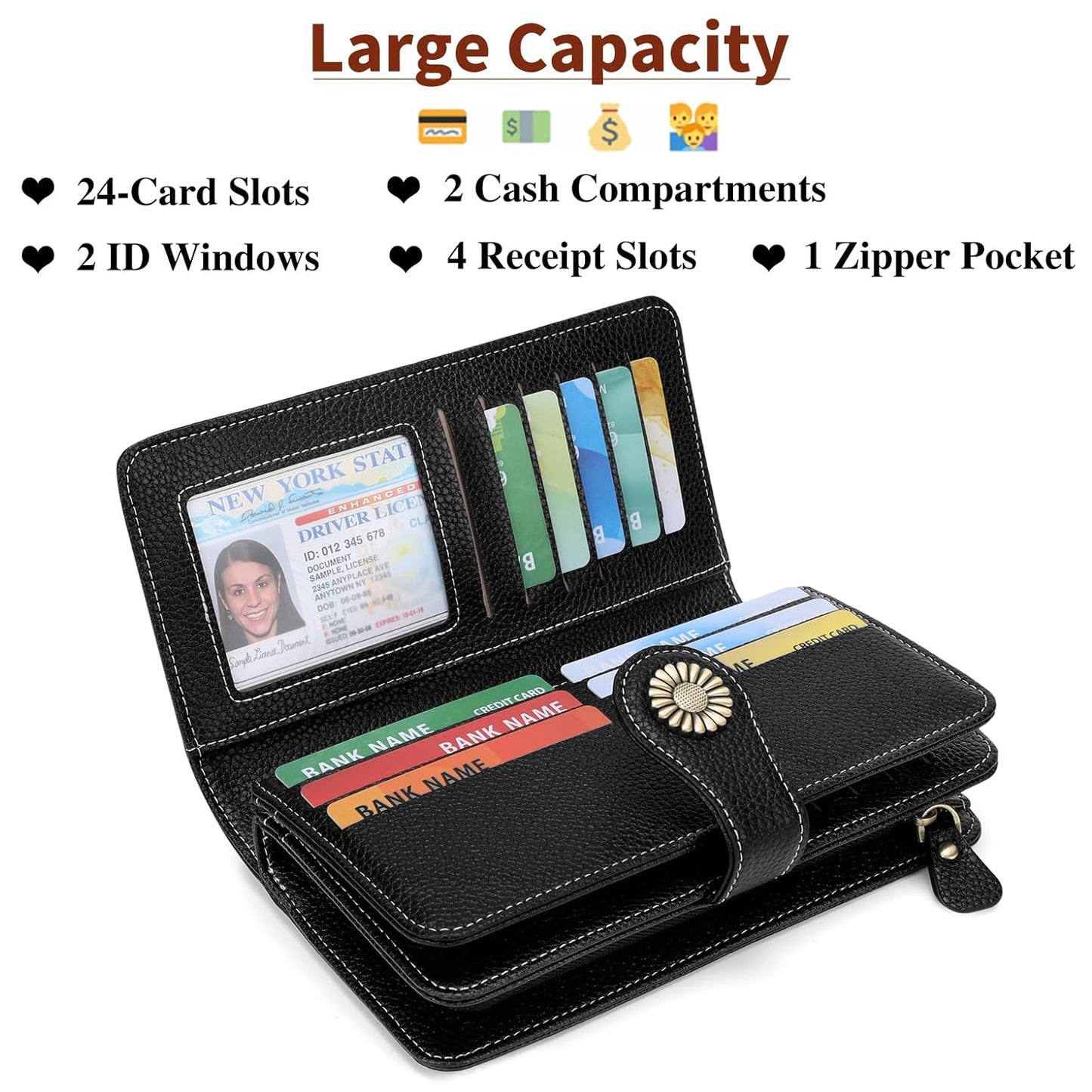 Leather Credit Card Holder with RFID Blocking Large Capacity Wristlet, Black