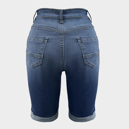 Womens Mid Rise Roll Cuff Stretch Denim Jean Shorts, Dark Blue
