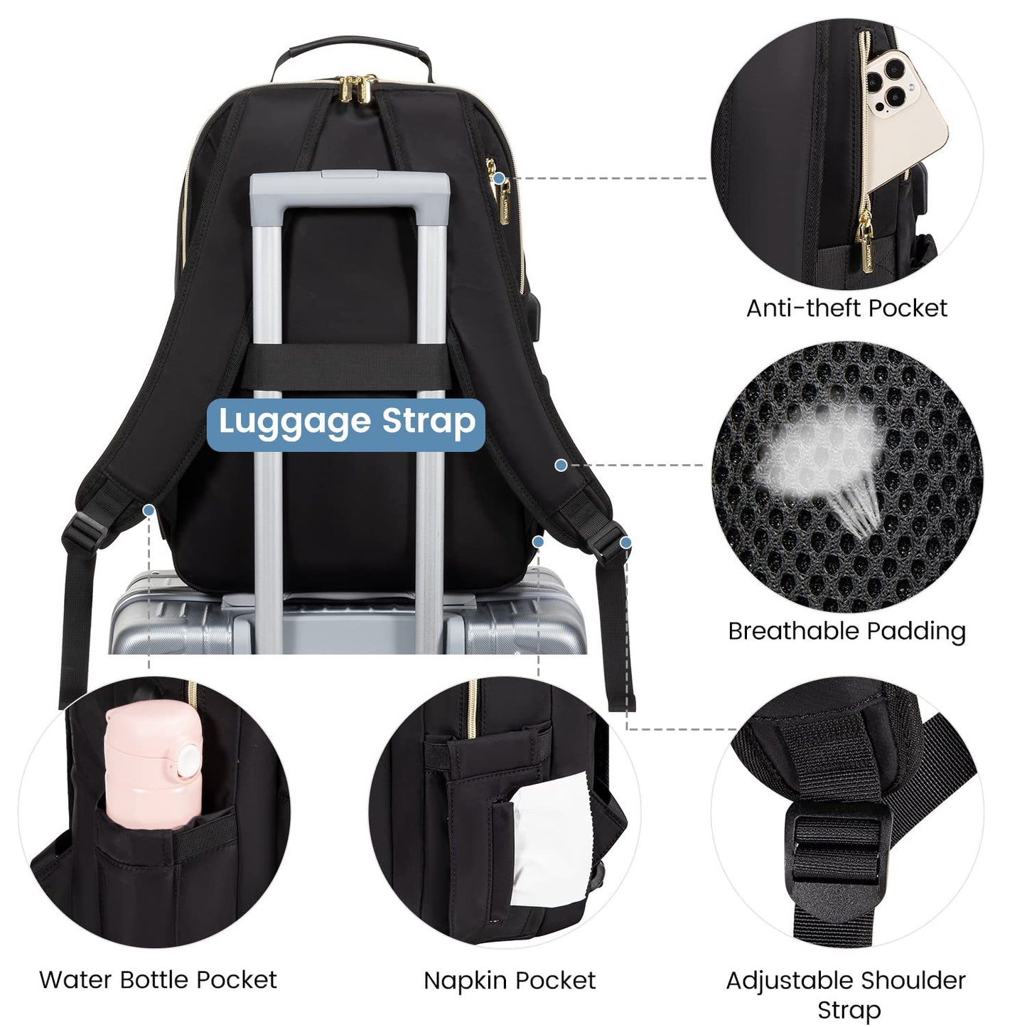 Laptop Backpack Purse for Women with USB Charging Port 17 Inch, Black