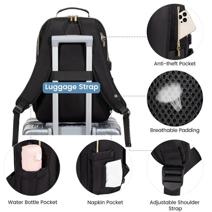 Laptop Backpack Purse for Women with USB Charging Port 17 Inch, Black