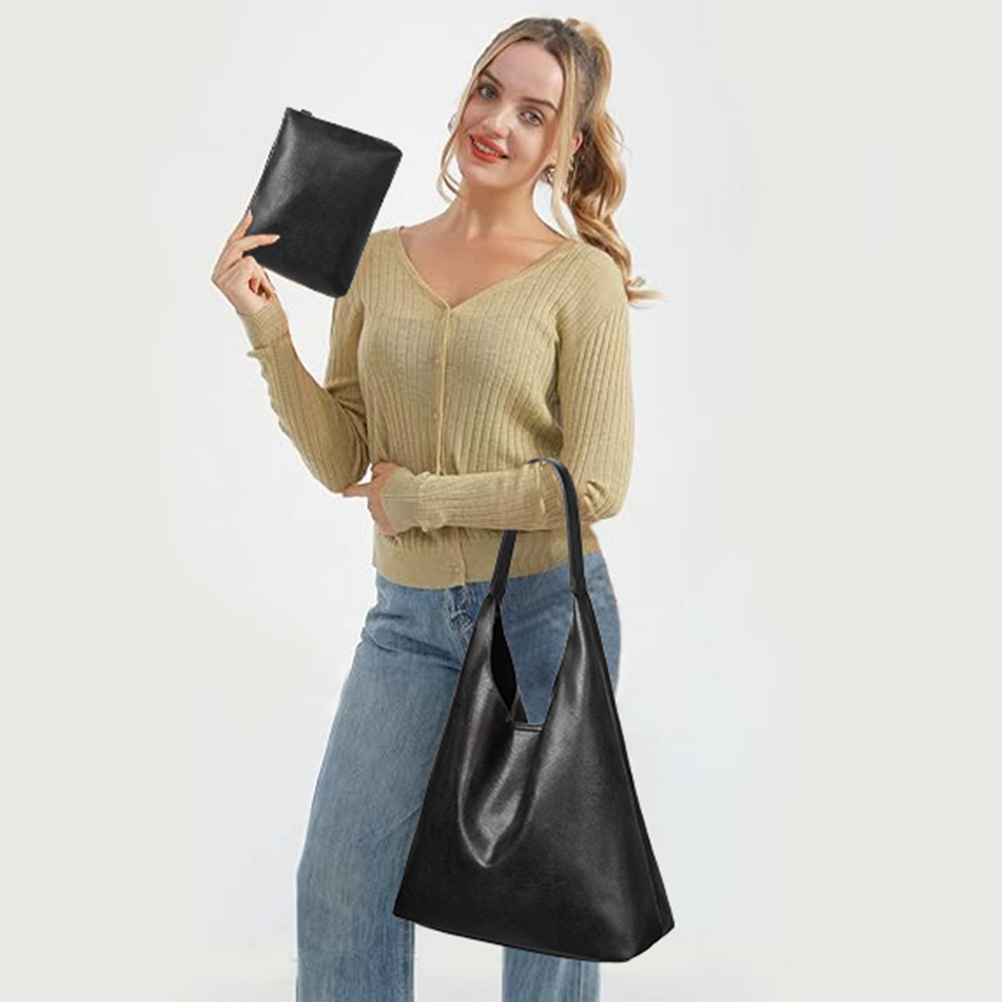 Slouchy Tote Bag Crossbody Purses 2PCS Vegan Leather Shoulder Handbags Bags Set