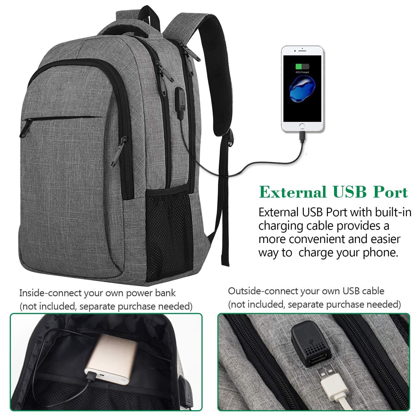 Laptops Backpack with USB Charging Port 18 Inch, Gray