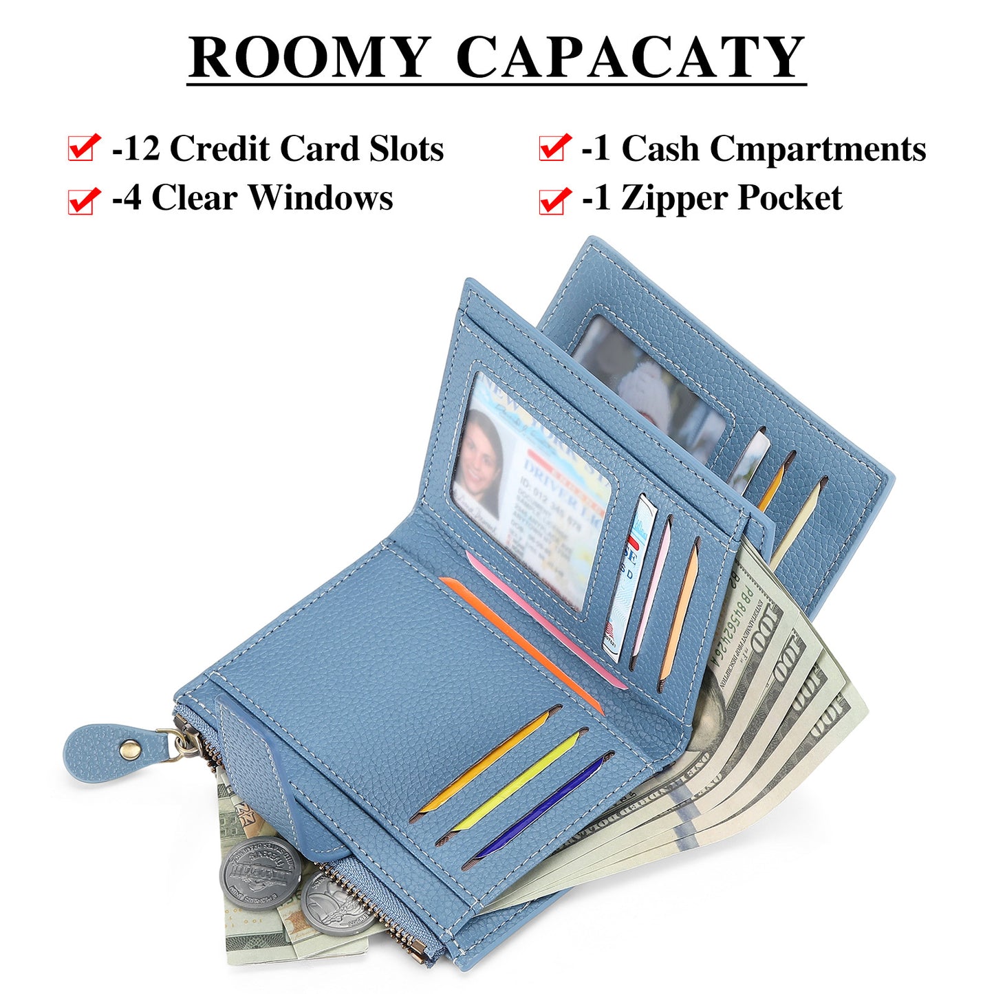 PU Women RFID Blocking Soft Leather Bifold Compact Card Holder Wallet, Blue