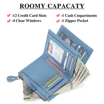PU Women RFID Blocking Soft Leather Bifold Compact Card Holder Wallet, Blue